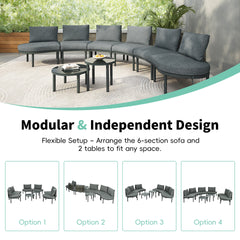 TOPMAX 8-Piece Patio Sofa Furniture Set, Half Moon Outdoor Sectional Sofa with 2 High-Low Coffee Tables, PE Wicker Rattan, Tempered Glass, 6 Pillows & Cushions, for Backyard, Garden, Poolside,Gray