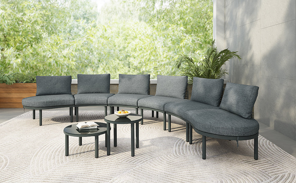 TOPMAX 8-Piece Patio Sofa Furniture Set, Half Moon Outdoor Sectional Sofa with 2 High-Low Coffee Tables, PE Wicker Rattan, Tempered Glass, 6 Pillows & Cushions, for Backyard, Garden, Poolside,Gray