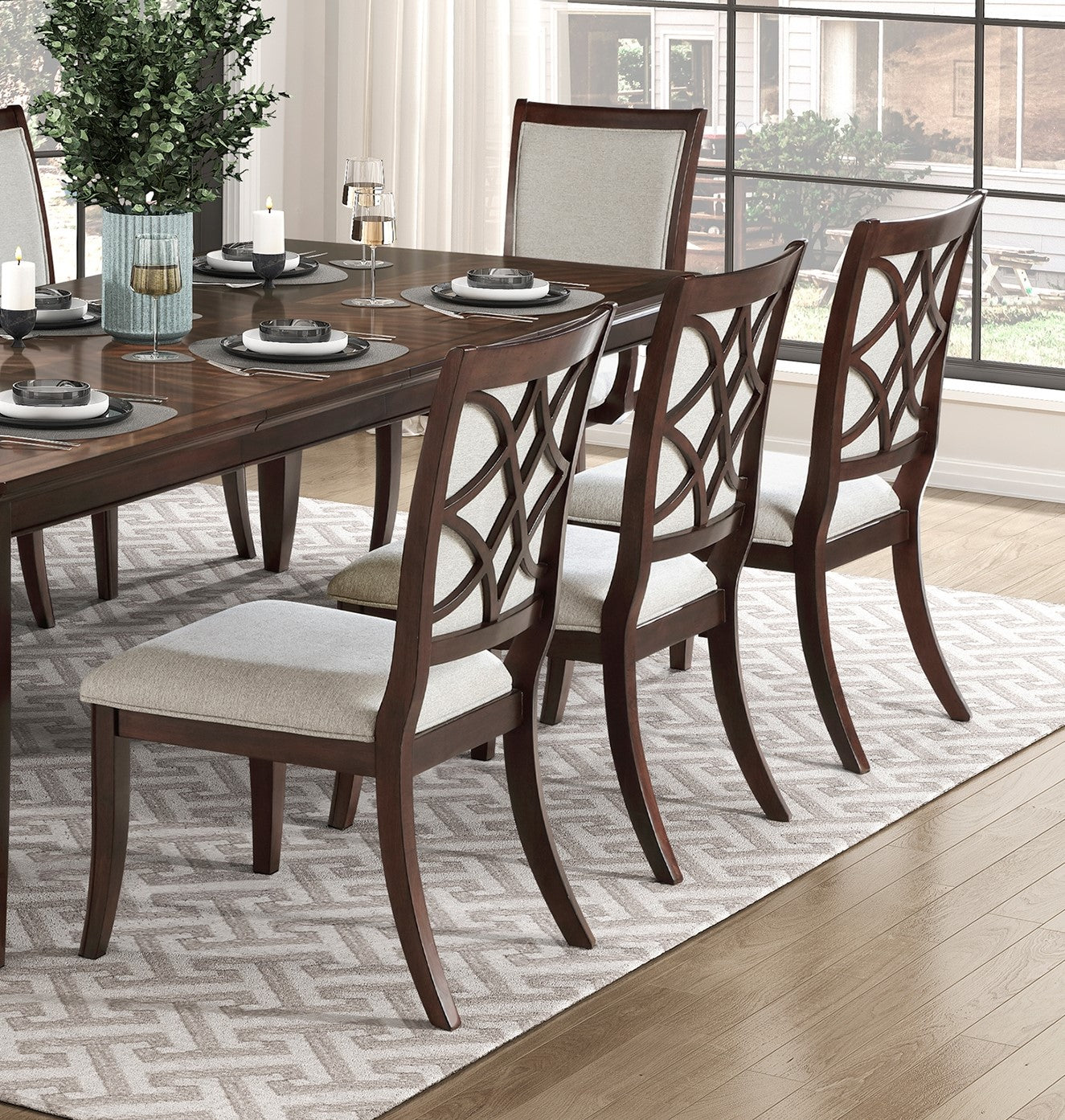 Formal Traditional 9pc Dining Set Table and Chairs Separate Extension Cherry Finish with Dark Walnut Inlay Wooden Furniture