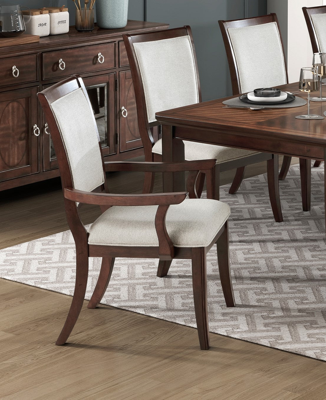 Formal Traditional 9pc Dining Set Table and Chairs Separate Extension Cherry Finish with Dark Walnut Inlay Wooden Furniture