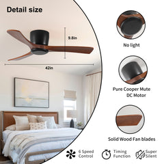 42 Inch Ceiling Fan no light with Remote Control, Low Profile Flush Mount Ceiling Fan without Light,Noiseless Reversible DC Motor with Timer