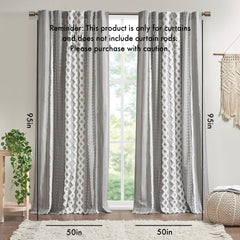 Cotton Printed Curtain Panel with Chenille Stripe and Lining Gray 50x95 inch