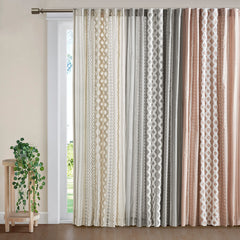 Cotton Printed Curtain Panel with Chenille Stripe and Lining Gray 50x95 inch