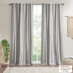 Cotton Printed Curtain Panel with Chenille Stripe and Lining Gray 50x95 inch