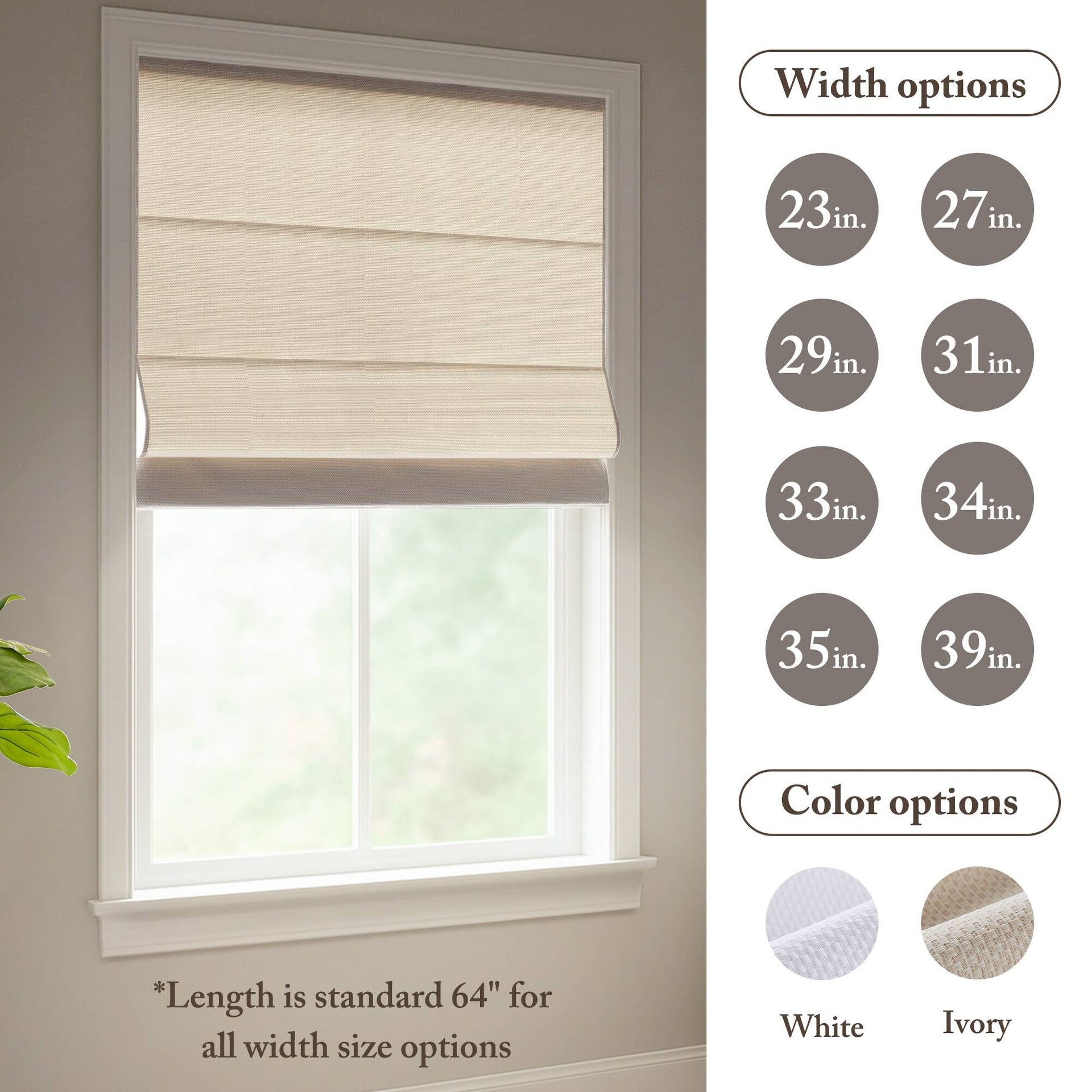1PC 29x64" Cordless Roman Blind  Galen Matte fabric