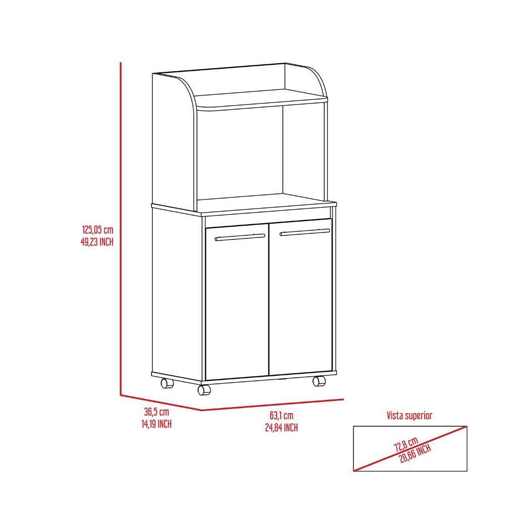 Kitchen Cart Totti, Double Door Cabinet, One Open Shelf, Two Interior Shelves, White Finish