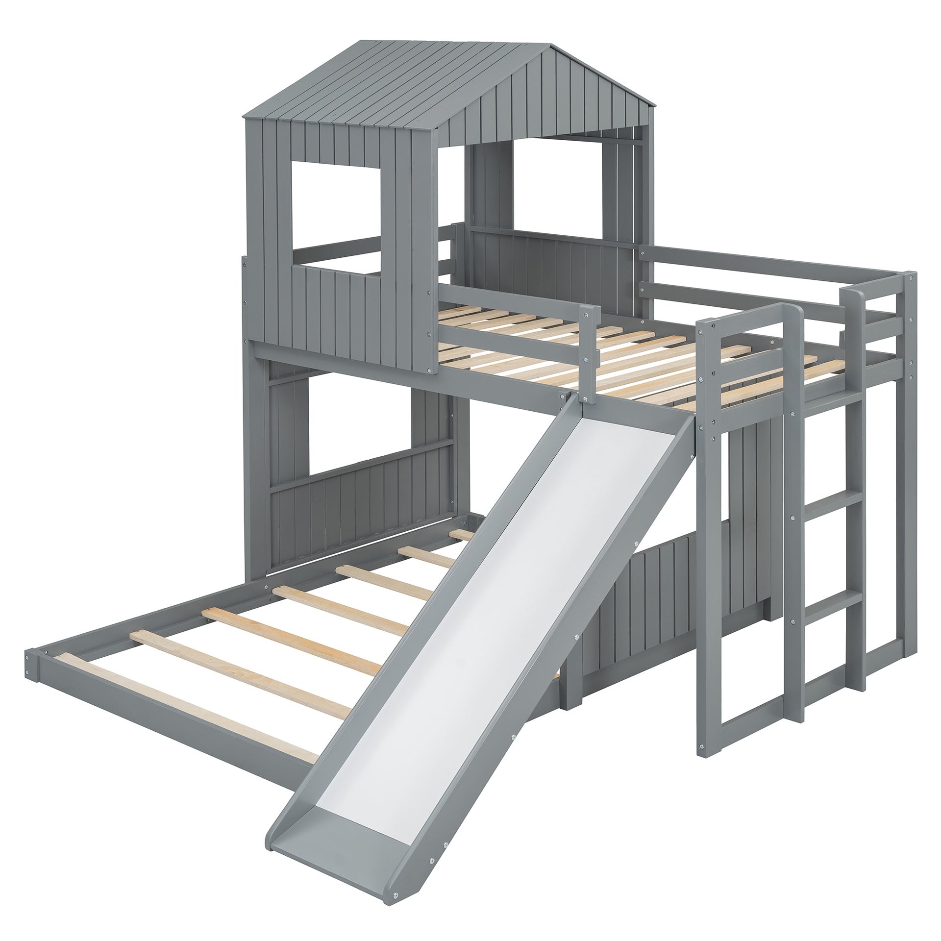 Wooden Twin Over Full Bunk Bed, Loft Bed with Playhouse, Farmhouse, Ladder, Slide and Guardrails, Gray