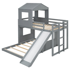 Wooden Twin Over Full Bunk Bed, Loft Bed with Playhouse, Farmhouse, Ladder, Slide and Guardrails, Gray
