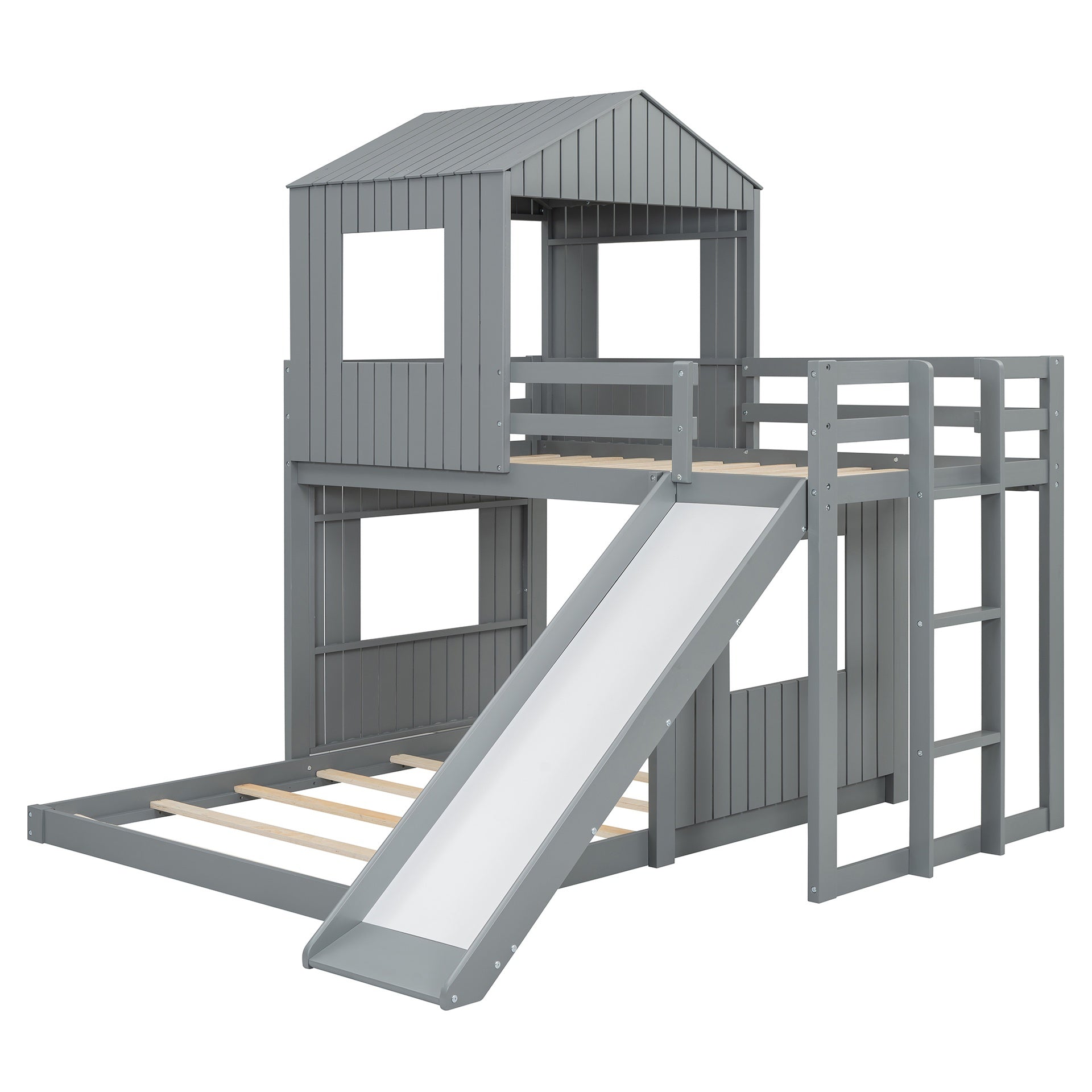 Wooden Twin Over Full Bunk Bed, Loft Bed with Playhouse, Farmhouse, Ladder, Slide and Guardrails, Gray