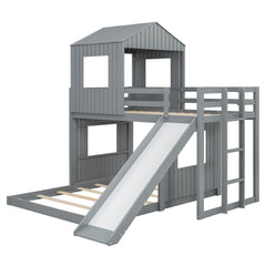 Wooden Twin Over Full Bunk Bed, Loft Bed with Playhouse, Farmhouse, Ladder, Slide and Guardrails, Gray