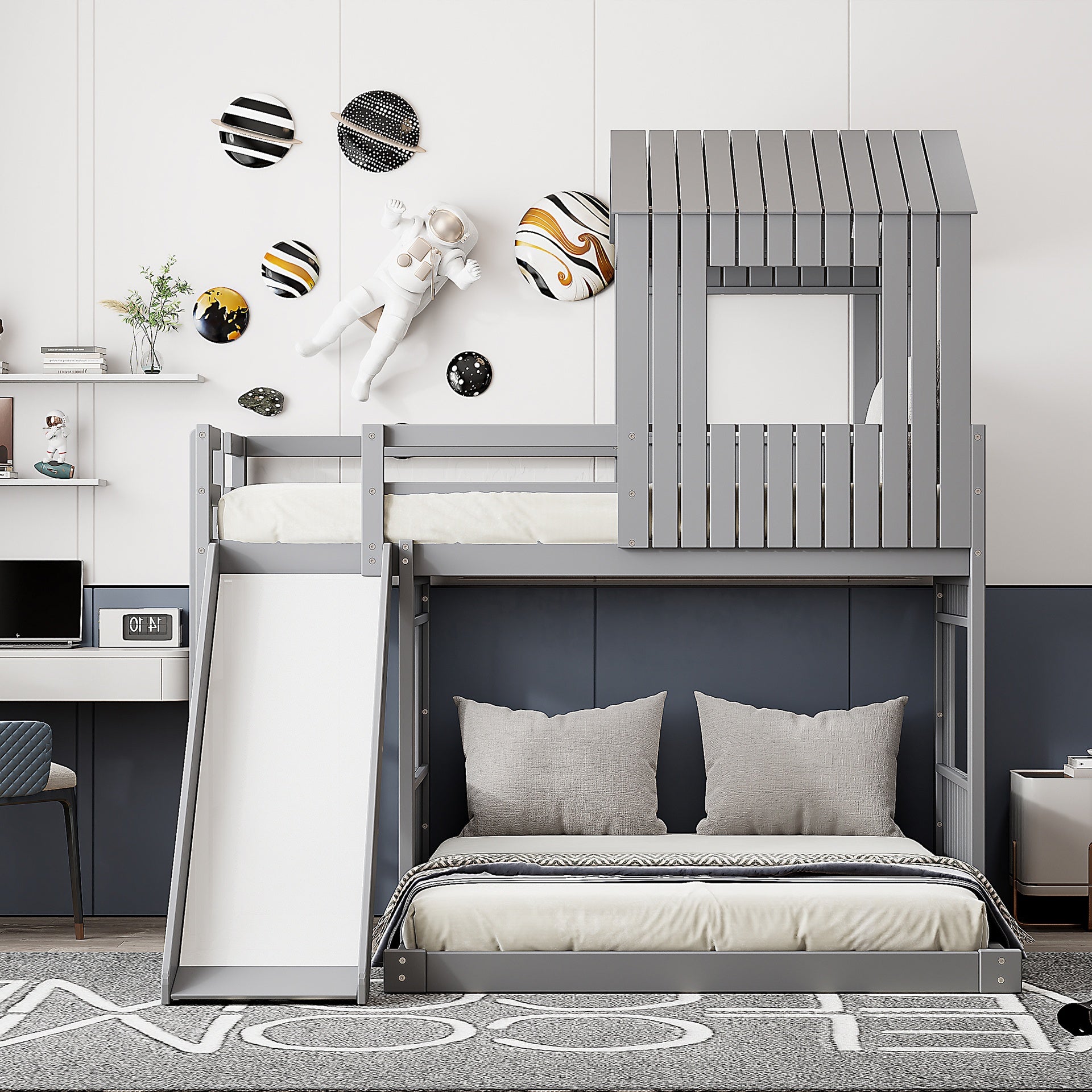 Wooden Twin Over Full Bunk Bed, Loft Bed with Playhouse, Farmhouse, Ladder, Slide and Guardrails, Gray