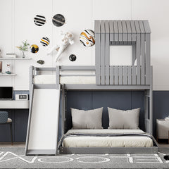 Wooden Twin Over Full Bunk Bed, Loft Bed with Playhouse, Farmhouse, Ladder, Slide and Guardrails, Gray