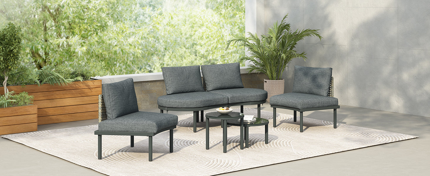 TOPMAX 6-Piece Patio Sofa Furniture Set, Half Moon Outdoor Sectional Sofa with 2 High-Low Coffee Tables, PE Wicker Rattan, Tempered Glass, 4 Pillows & Cushions, for Backyard, Garden, Poolside,Gray