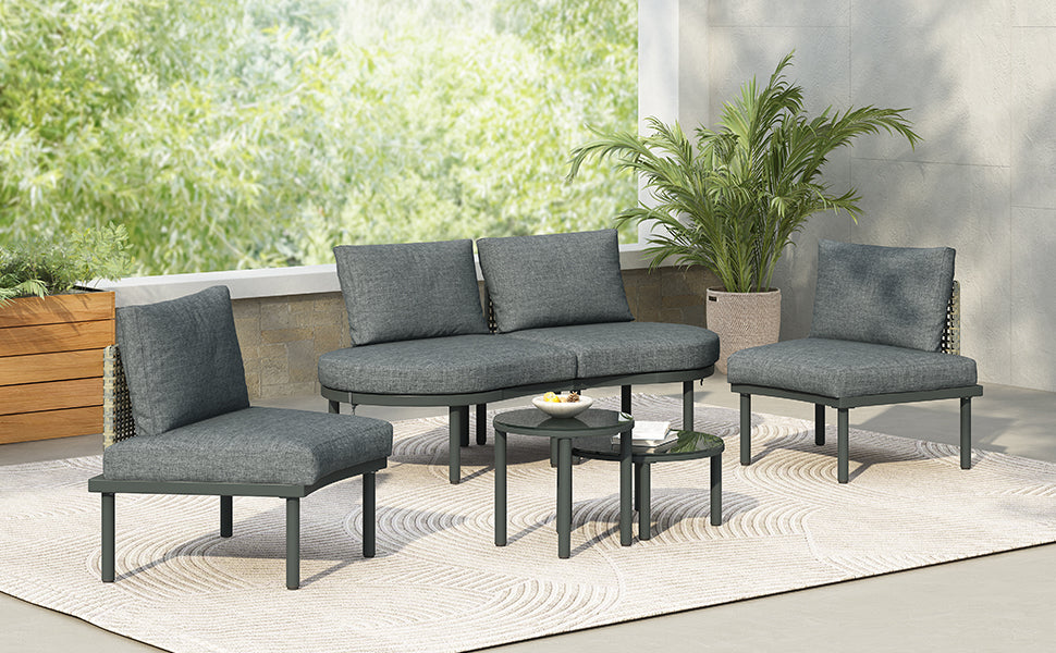 TOPMAX 6-Piece Patio Sofa Furniture Set, Half Moon Outdoor Sectional Sofa with 2 High-Low Coffee Tables, PE Wicker Rattan, Tempered Glass, 4 Pillows & Cushions, for Backyard, Garden, Poolside,Gray