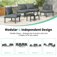 TOPMAX 6-Piece Patio Sofa Furniture Set, Half Moon Outdoor Sectional Sofa with 2 High-Low Coffee Tables, PE Wicker Rattan, Tempered Glass, 4 Pillows & Cushions, for Backyard, Garden, Poolside,Gray