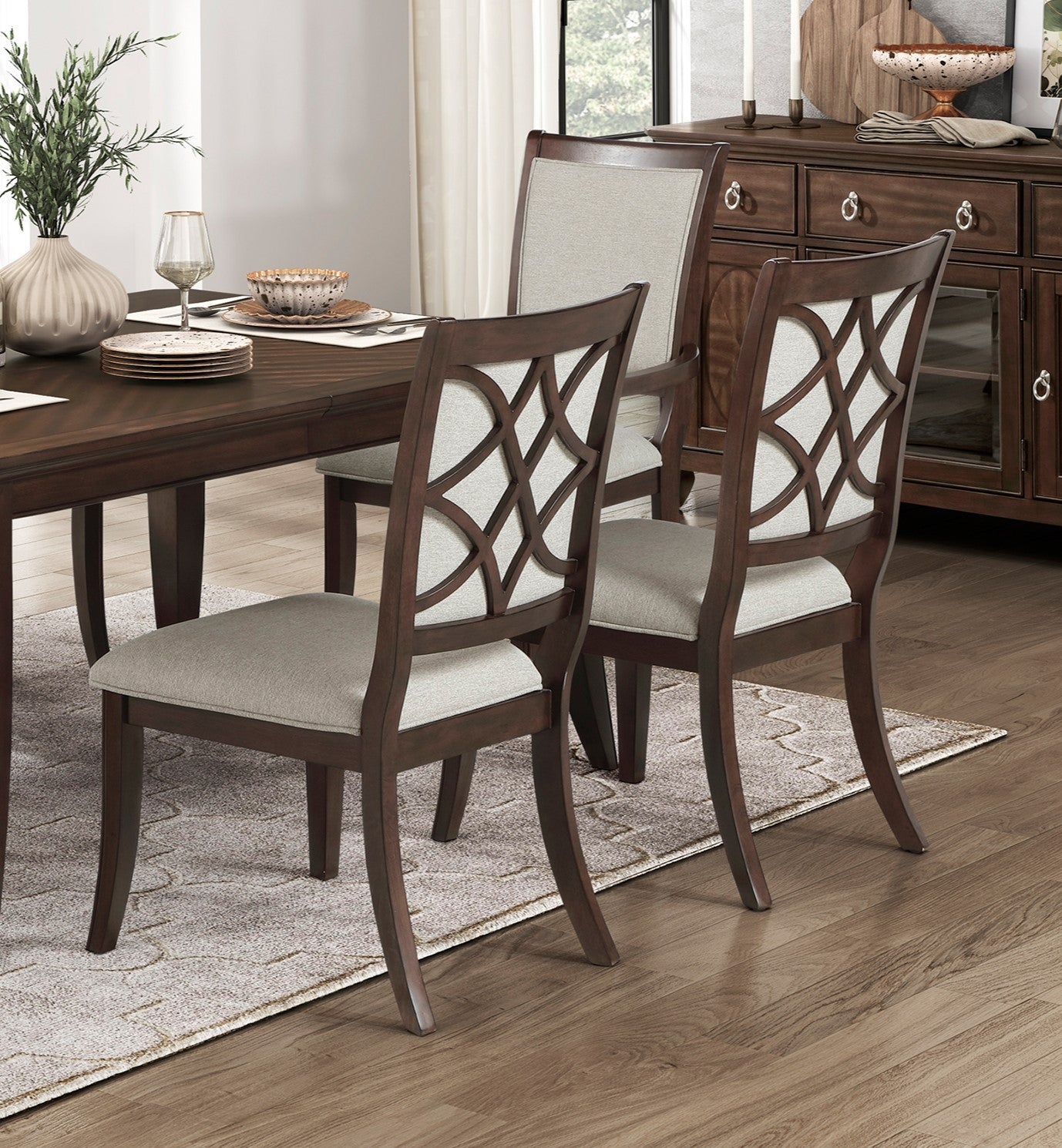 Formal Traditional 7pc Dining Set Table and Chairs Separate Extension Cherry Finish with Dark Walnut Inlay Wooden Furniture