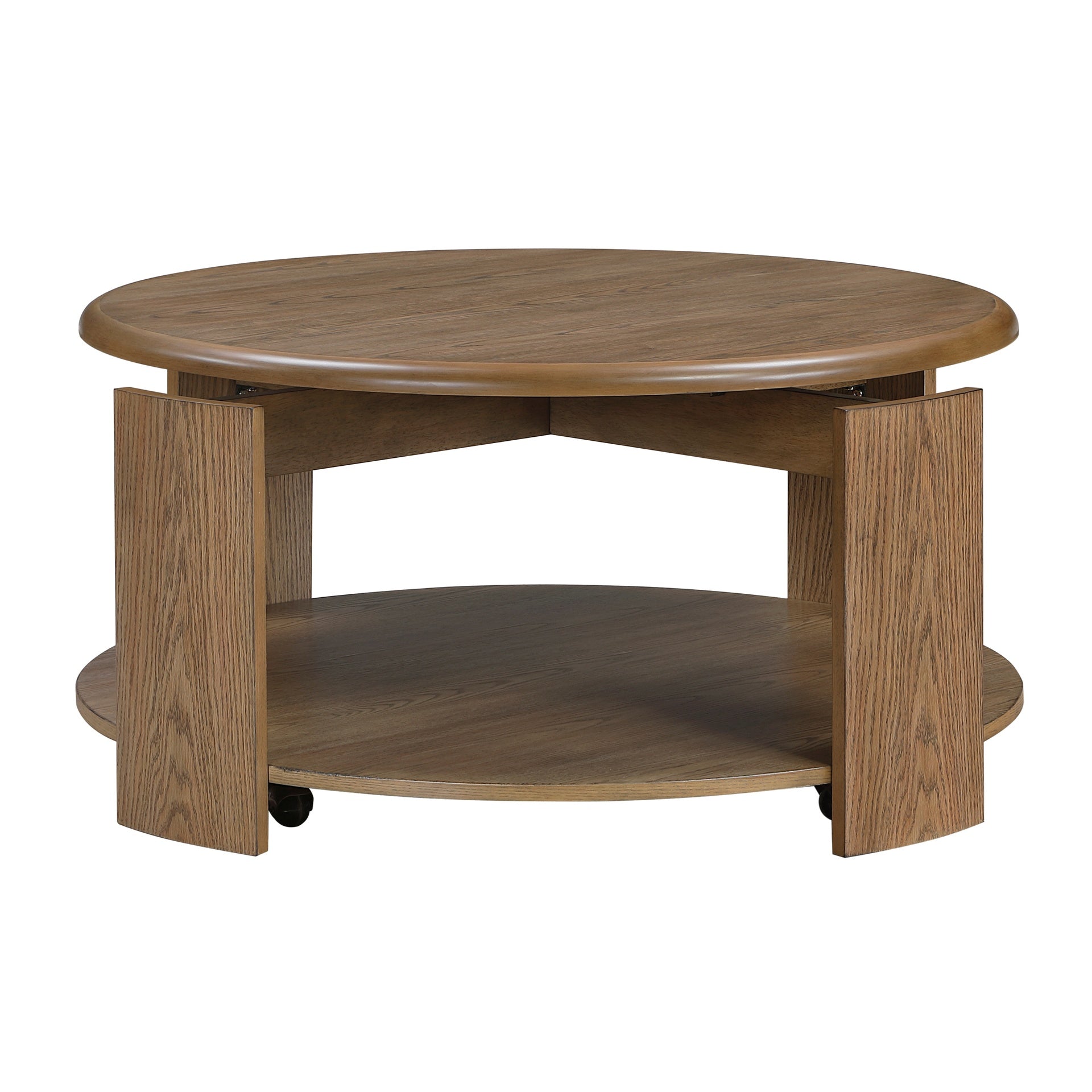 Brown Finish Cocktail Table with Swivel Top Open Shelf Caster Movement Living Room Furniture 1pc Round Coffee Table