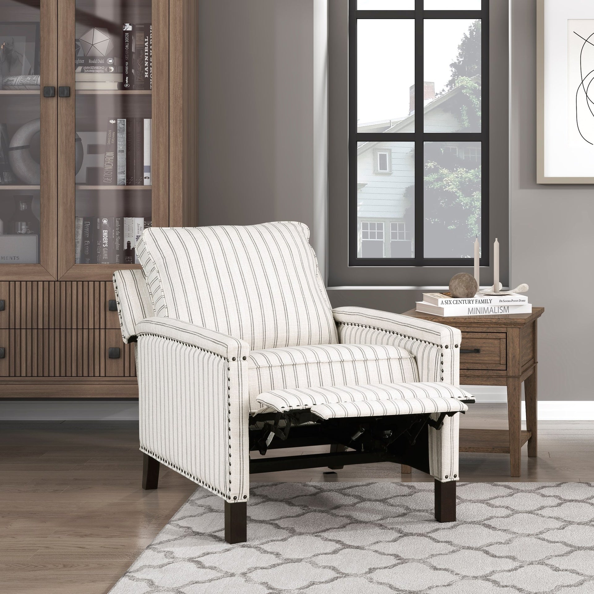 Traditional Living Room Furniture Push Back Reclining Chair 1pc Textured Fabric Upholstery Nailhead Trim Solid Wood Frame