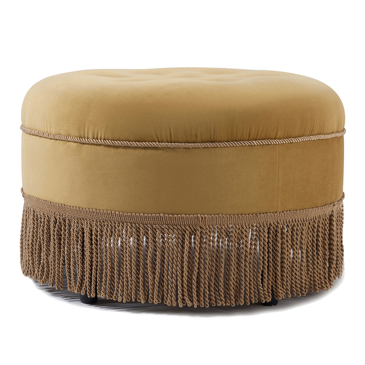 Yolanda 24" Round Upholstered Accent Ottoman, Gold Yellow Velvet with Gold Trim