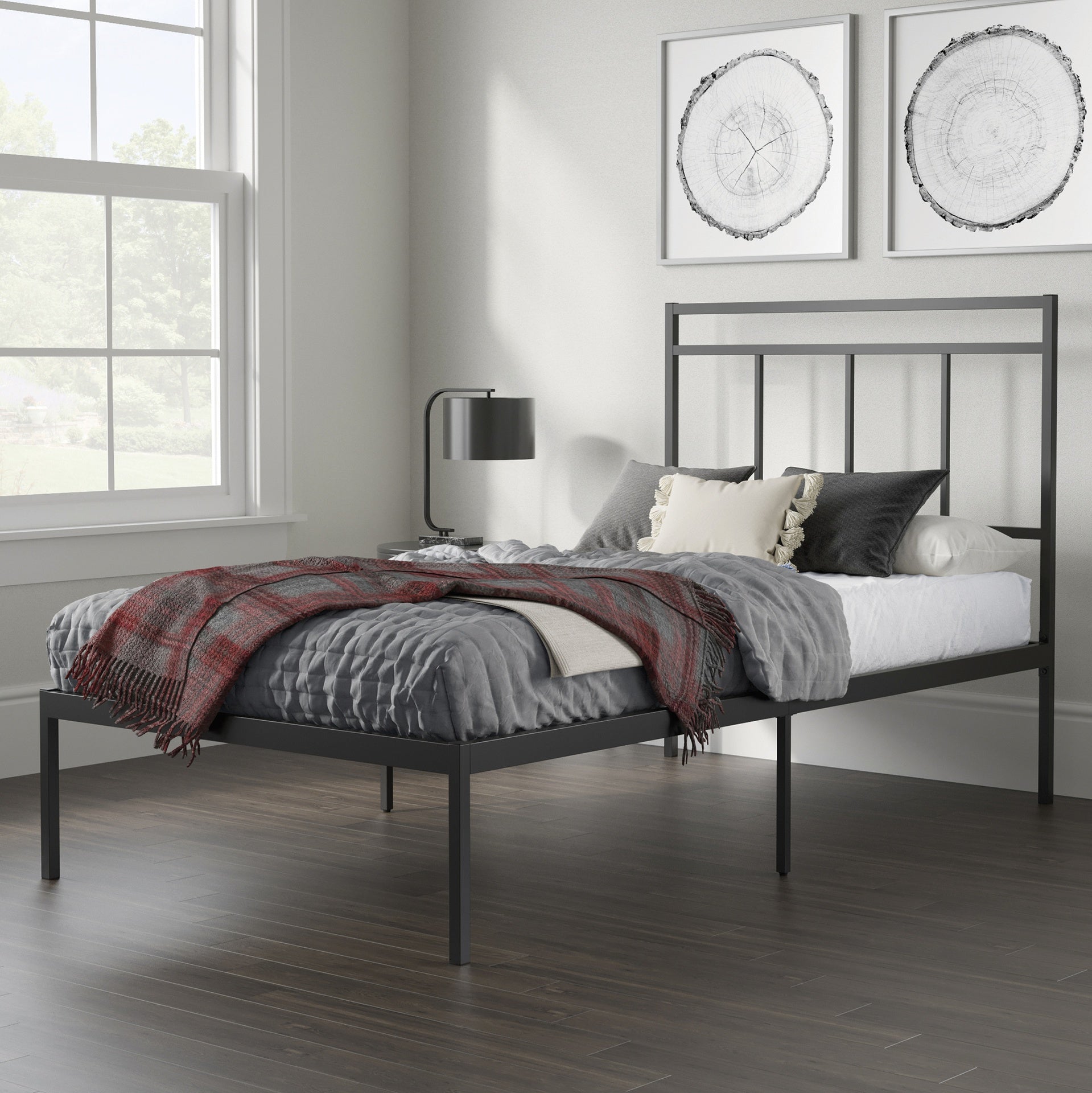 Twin Size Platform Bed With Headboard, Black finish