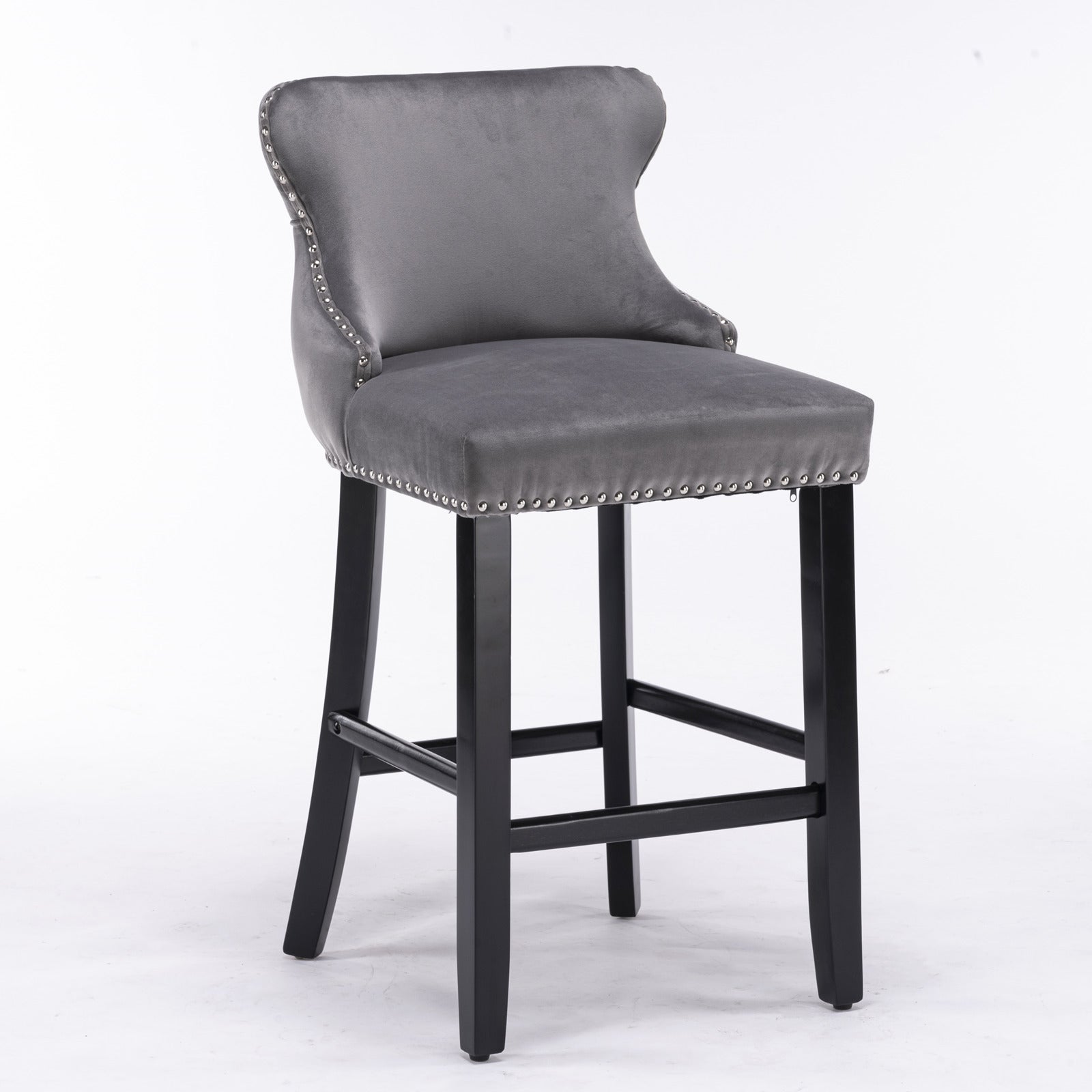 A&amp;A Furniture,Contemporary Velvet Upholstered Wing-Back Barstools with Button Tufted Decoration and Wooden Legs, and Chrome Nailhead Trim, Leisure Style Bar Chairs,Bar stools, Set of 2 (Gray),SW1824GY