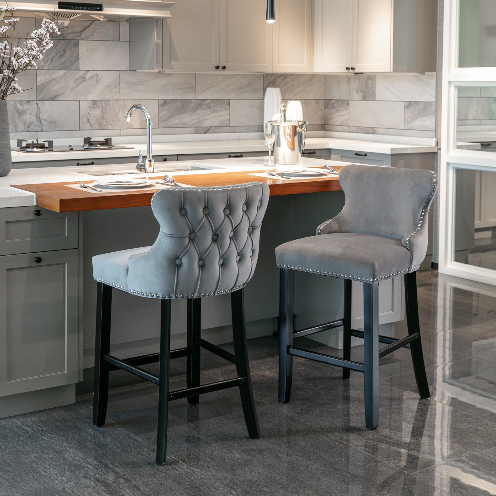 A&amp;A Furniture,Contemporary Velvet Upholstered Wing-Back Barstools with Button Tufted Decoration and Wooden Legs, and Chrome Nailhead Trim, Leisure Style Bar Chairs,Bar stools, Set of 2 (Gray),SW1824GY