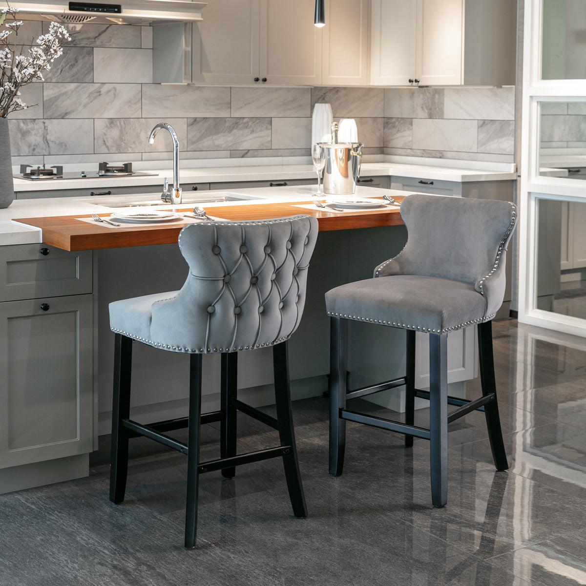A&amp;A Furniture,Contemporary Velvet Upholstered Wing-Back Barstools with Button Tufted Decoration and Wooden Legs, and Chrome Nailhead Trim, Leisure Style Bar Chairs,Bar stools, Set of 2 (Gray),SW1824GY