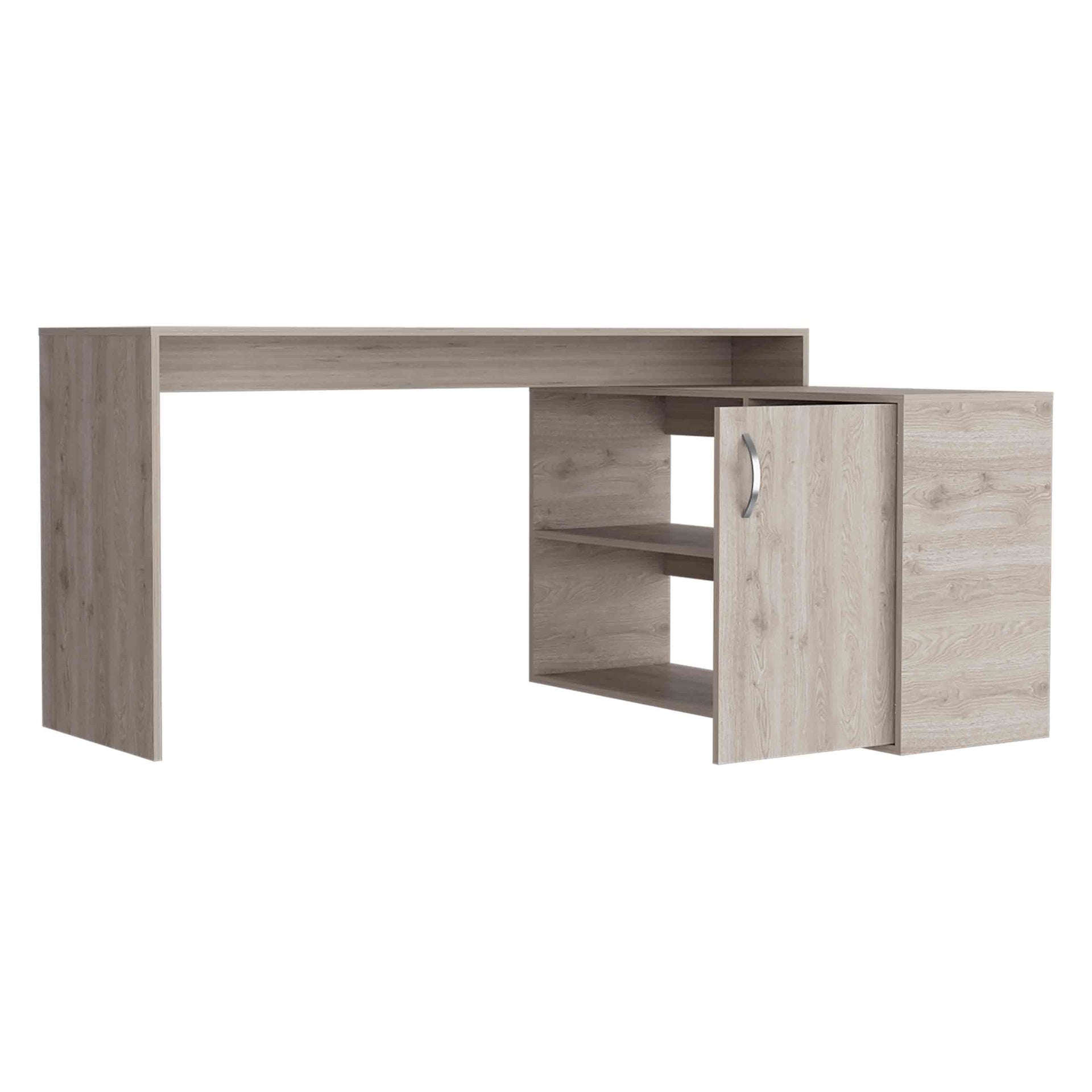 Antlia L-Shaped Writing Desk, Two Shelves, Single Door Cabinet