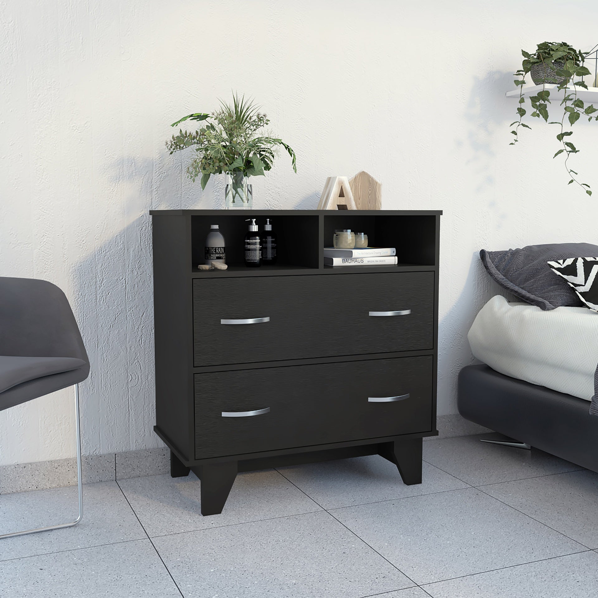 Portobelo Two Drawer Dresser, Two Shelves, Superior Top, Four Legs