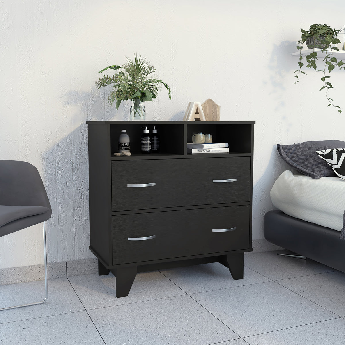 Portobelo Two Drawer Dresser, Two Shelves, Superior Top, Four Legs