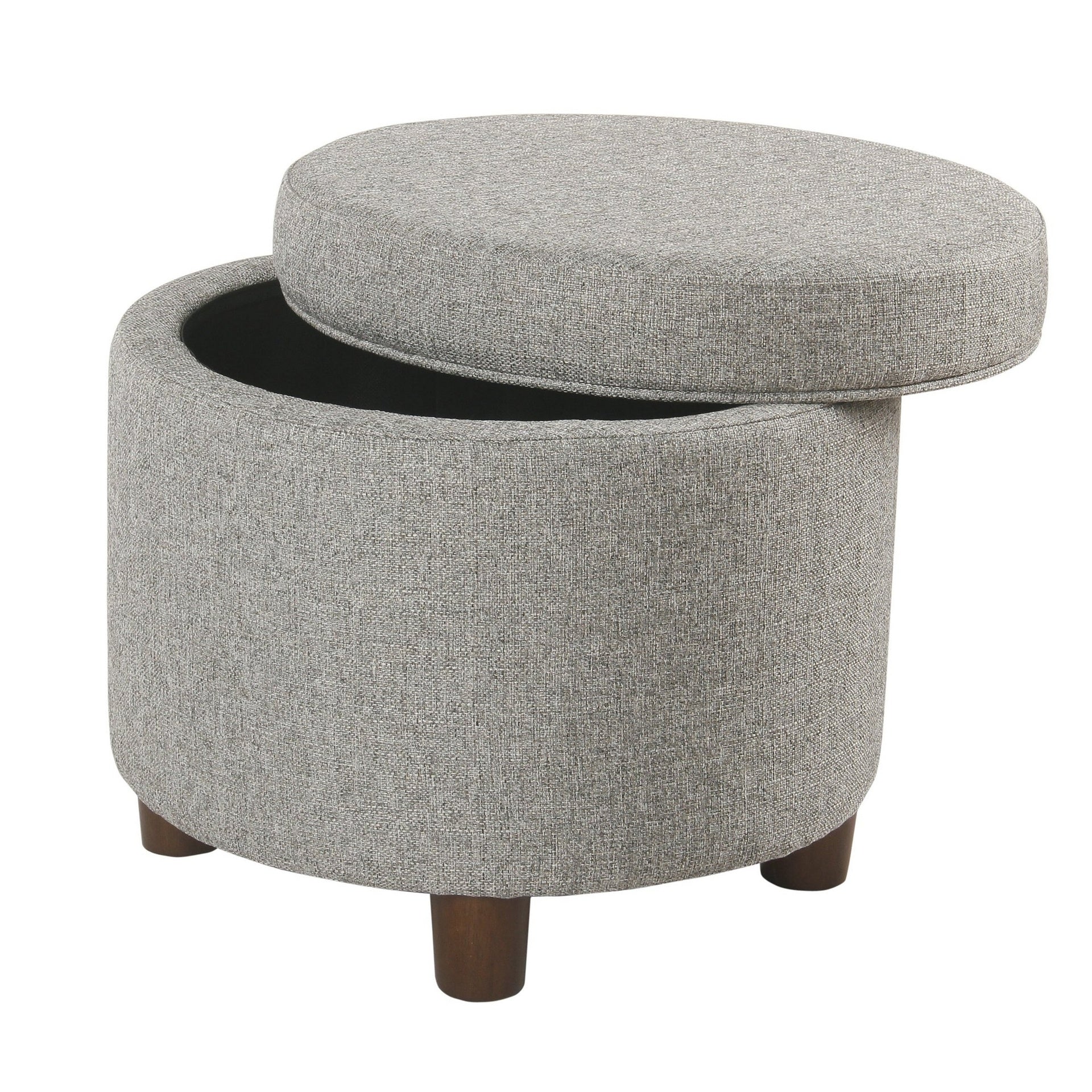Fabric Upholstered Round Wooden Ottoman with Lift Off Lid Storage, Light Gray