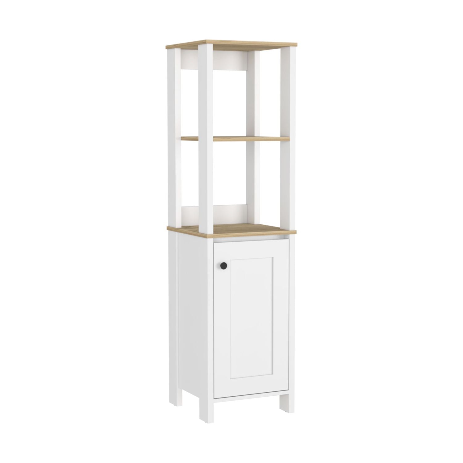 Linen Single Door Cabinet 59" H, Two Interior Shelves, Two Open Shelves, Light Oak / White