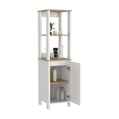 Linen Single Door Cabinet 59" H, Two Interior Shelves, Two Open Shelves, Light Oak / White