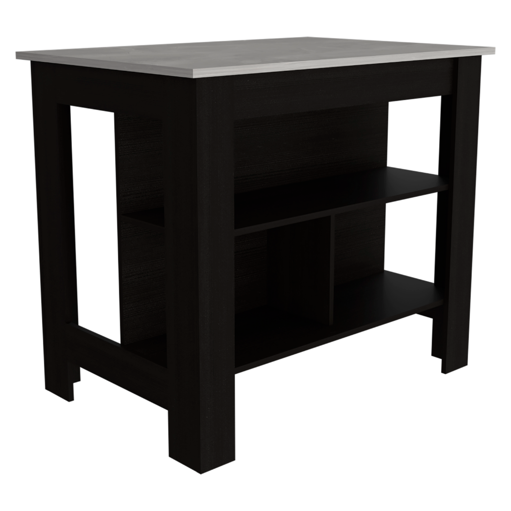 Kitchen Island, kitchen table 35" H, Four Legs, Three Open Storage Shelves, Black / Ibiza Marble Finish