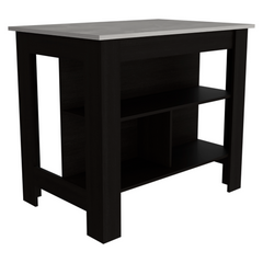 Kitchen Island, kitchen table 35" H, Four Legs, Three Open Storage Shelves, Black / Ibiza Marble Finish