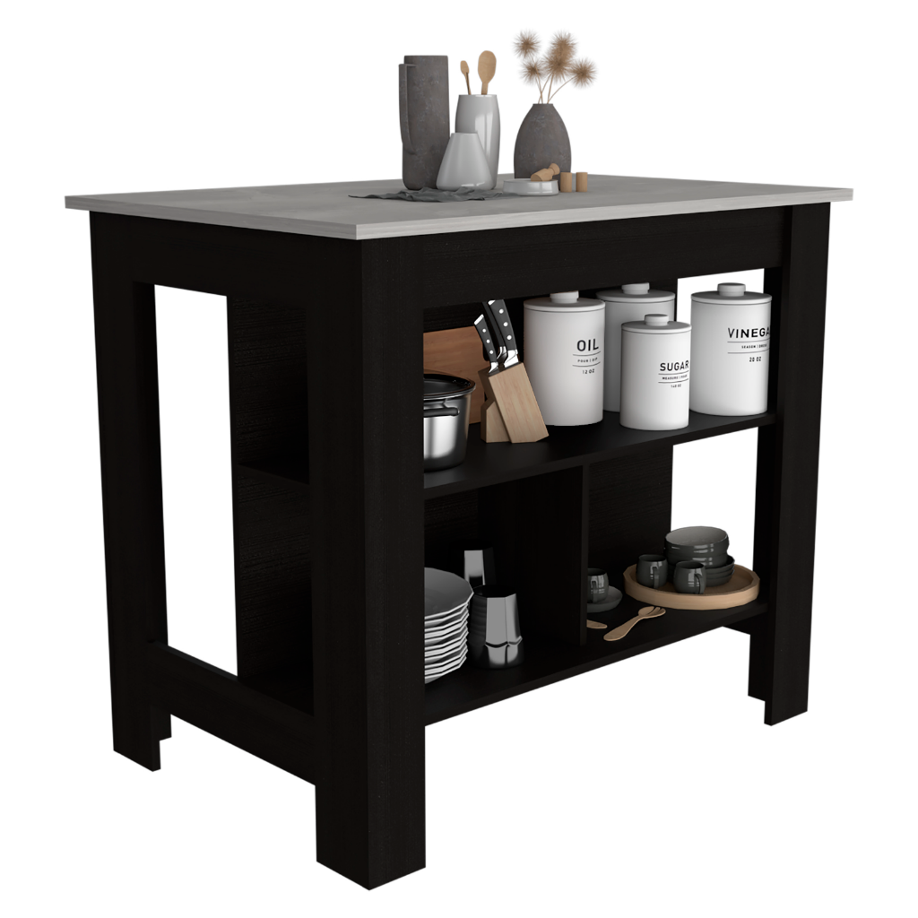 Kitchen Island, kitchen table 35" H, Four Legs, Three Open Storage Shelves, Black / Ibiza Marble Finish