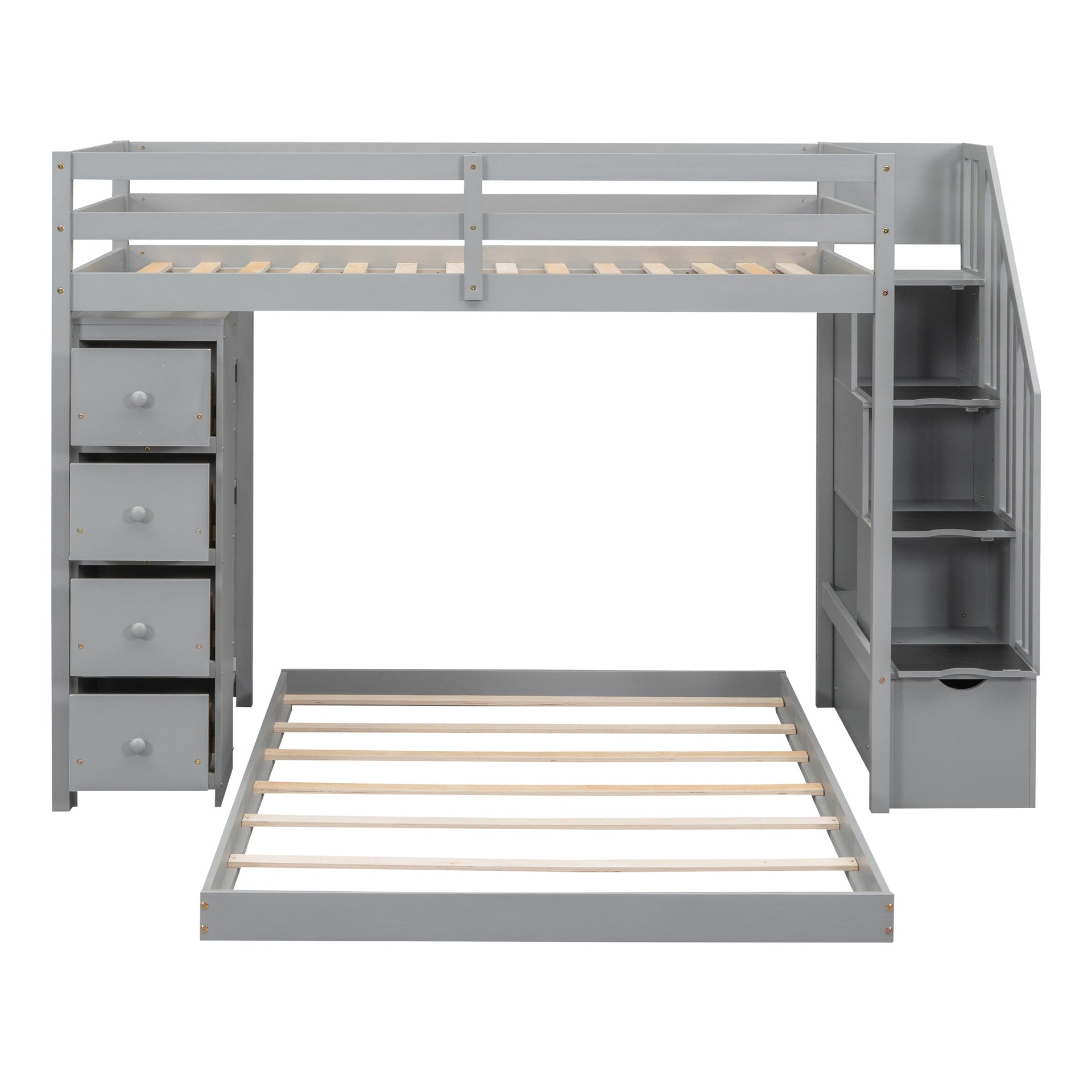 Twin Over Full Bunk Bed with 3-layer Shelves, Drawers and Storage Stairs, Gray