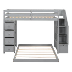 Twin Over Full Bunk Bed with 3-layer Shelves, Drawers and Storage Stairs, Gray