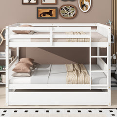 Full Over Full Rubber Wood Bunk Bed with Trundle, Ladder and Guardrails, Convertible to 2 Full Size Beds, with Twin Size Trundle,White