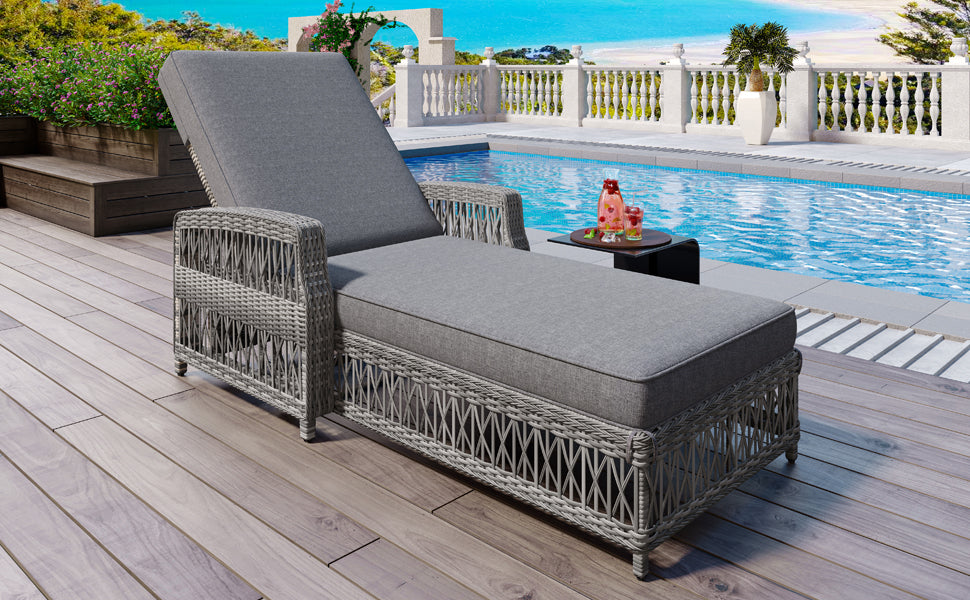 GO Outdoor Long Reclining Chaise, Wicker Lounge with Armrests, Patio Adjustable Recliner with Soft Removable Cushions, All Weather Rattan Pool Lounge for Poolside & Garden, Gray