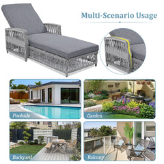 GO Outdoor Long Reclining Chaise, Wicker Lounge with Armrests, Patio Adjustable Recliner with Soft Removable Cushions, All Weather Rattan Pool Lounge for Poolside & Garden, Gray