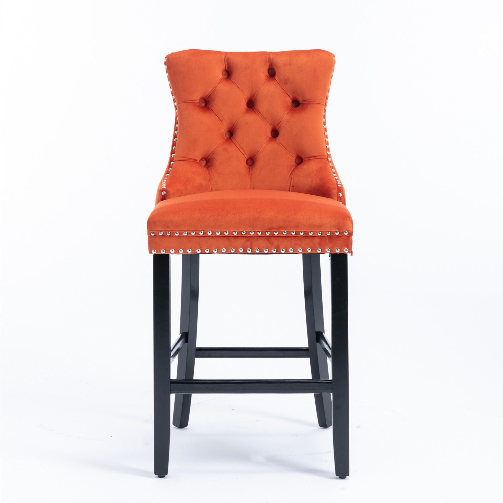 Contemporary Velvet Upholstered Barstools with Button Tufted Decoration and Wooden Legs, and Chrome Nailhead Trim, Leisure Style Bar Chairs,Bar stools, Set of 2 (Orange),SW2002OG
