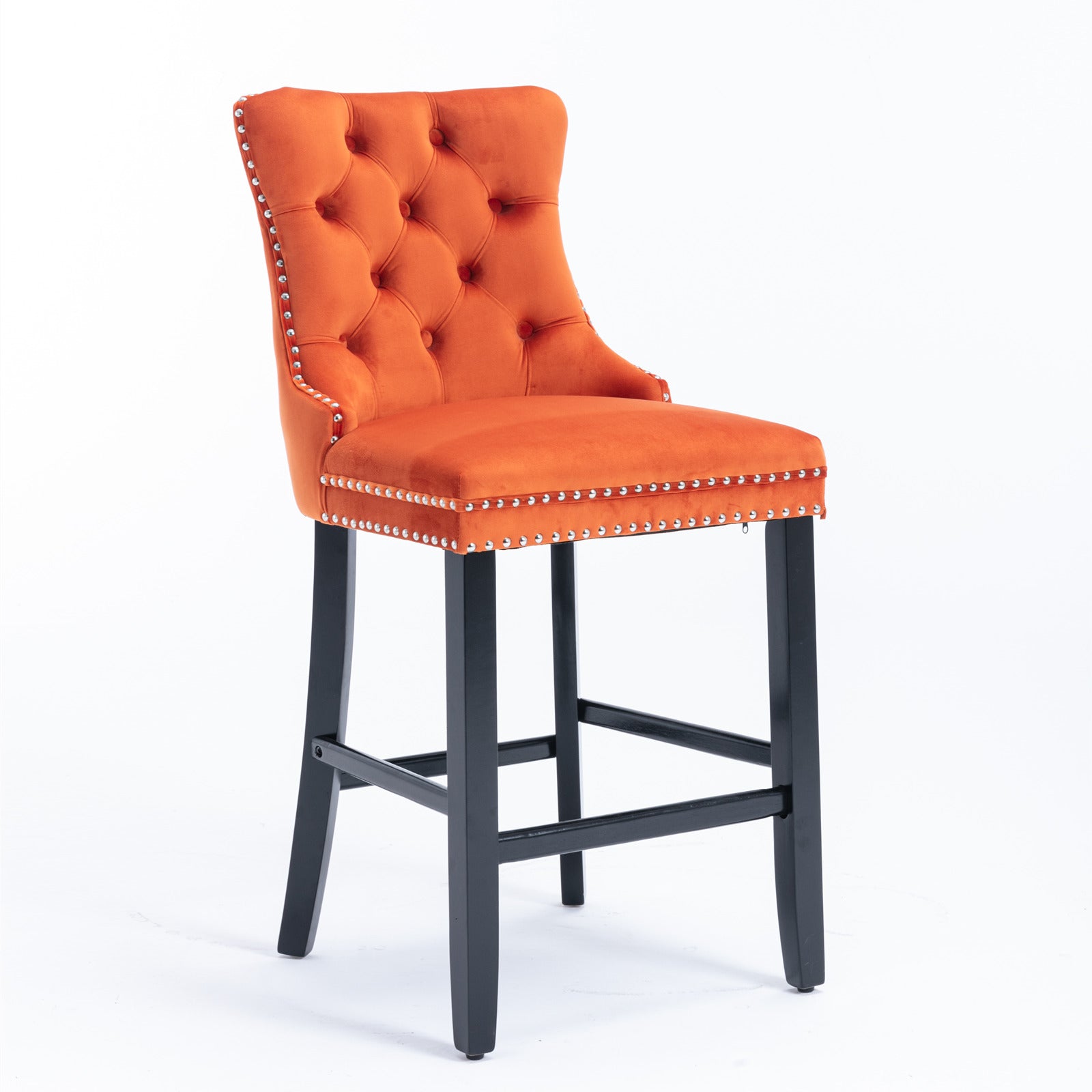 Contemporary Velvet Upholstered Barstools with Button Tufted Decoration and Wooden Legs, and Chrome Nailhead Trim, Leisure Style Bar Chairs,Bar stools, Set of 2 (Orange),SW2002OG