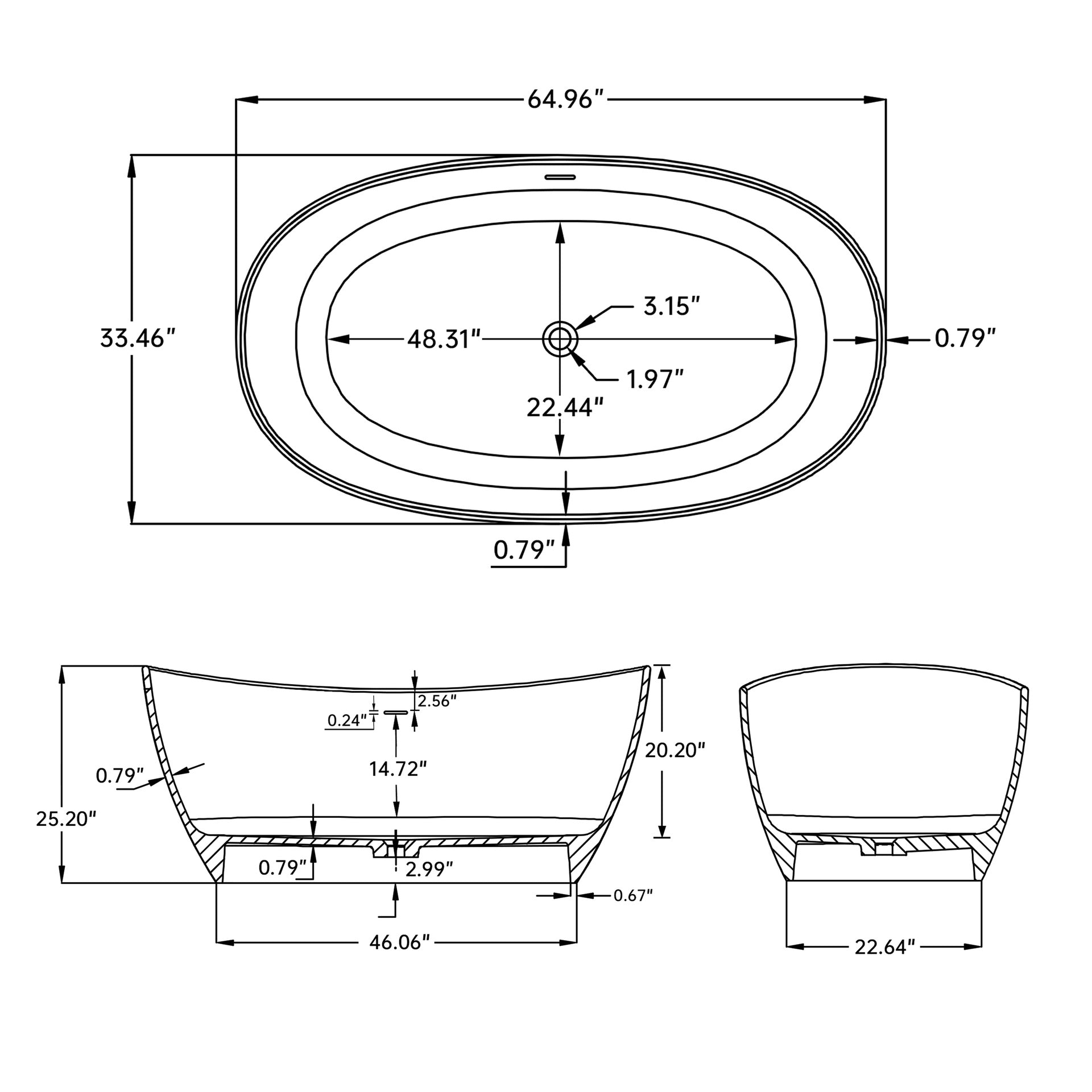 65 Inch Solid Surface Soaking Bathtub - Deep Soak Freestanding Tub