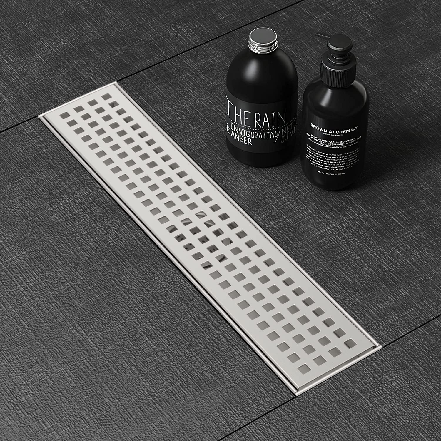 12 Inch Linear Shower Drain with Removable Quadrato Pattern Grate Cover, 304 Stainless Steel Shower Floor Drain with Hair Strainer and Leveling Feet