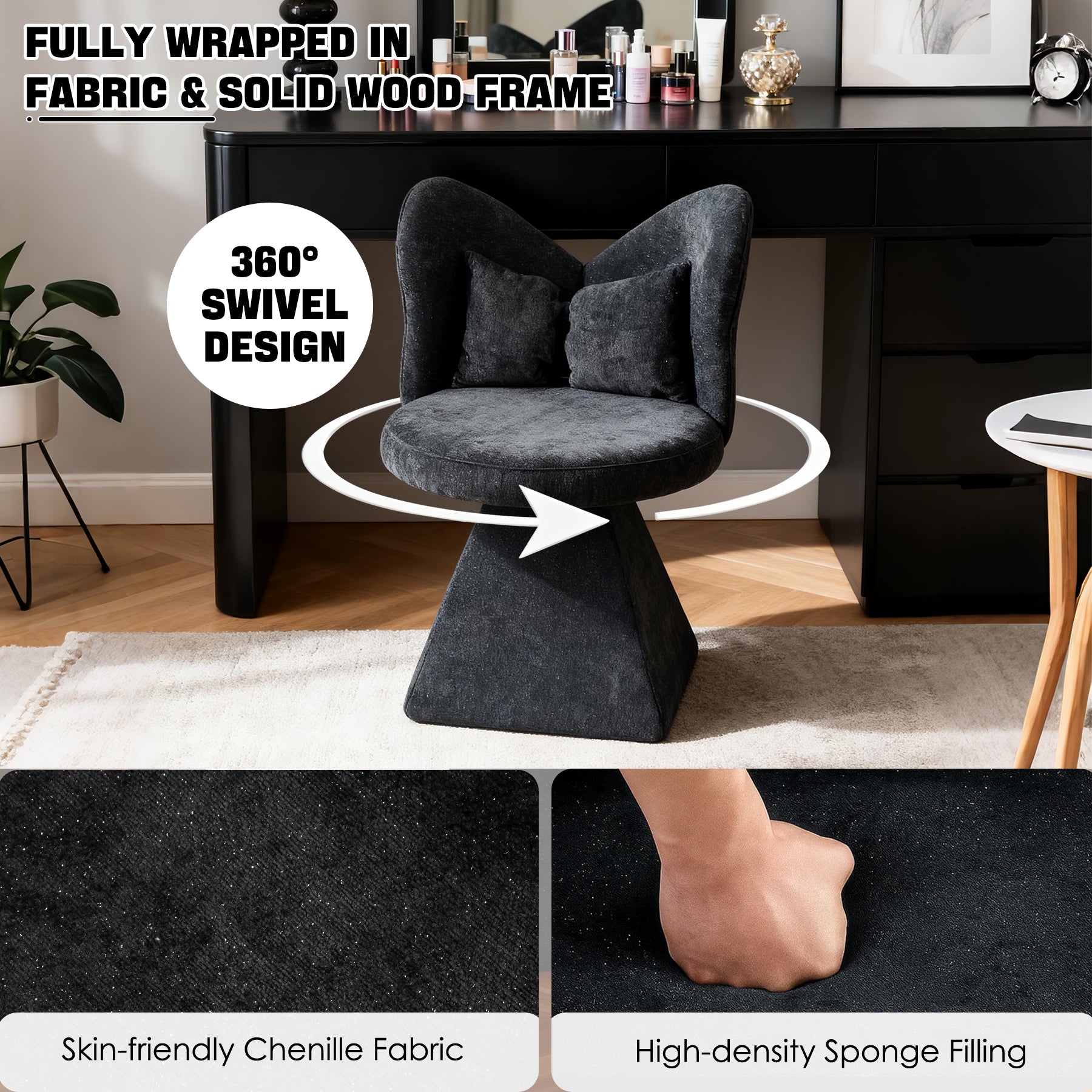 Vanity Chair with Butterfly Back,Swivel Accent Chair Dining Chairs,Makeup Stool for Bedroom Dressing Table,Suitable for Living Room,Dining Room,Study,Recreational Areas Black