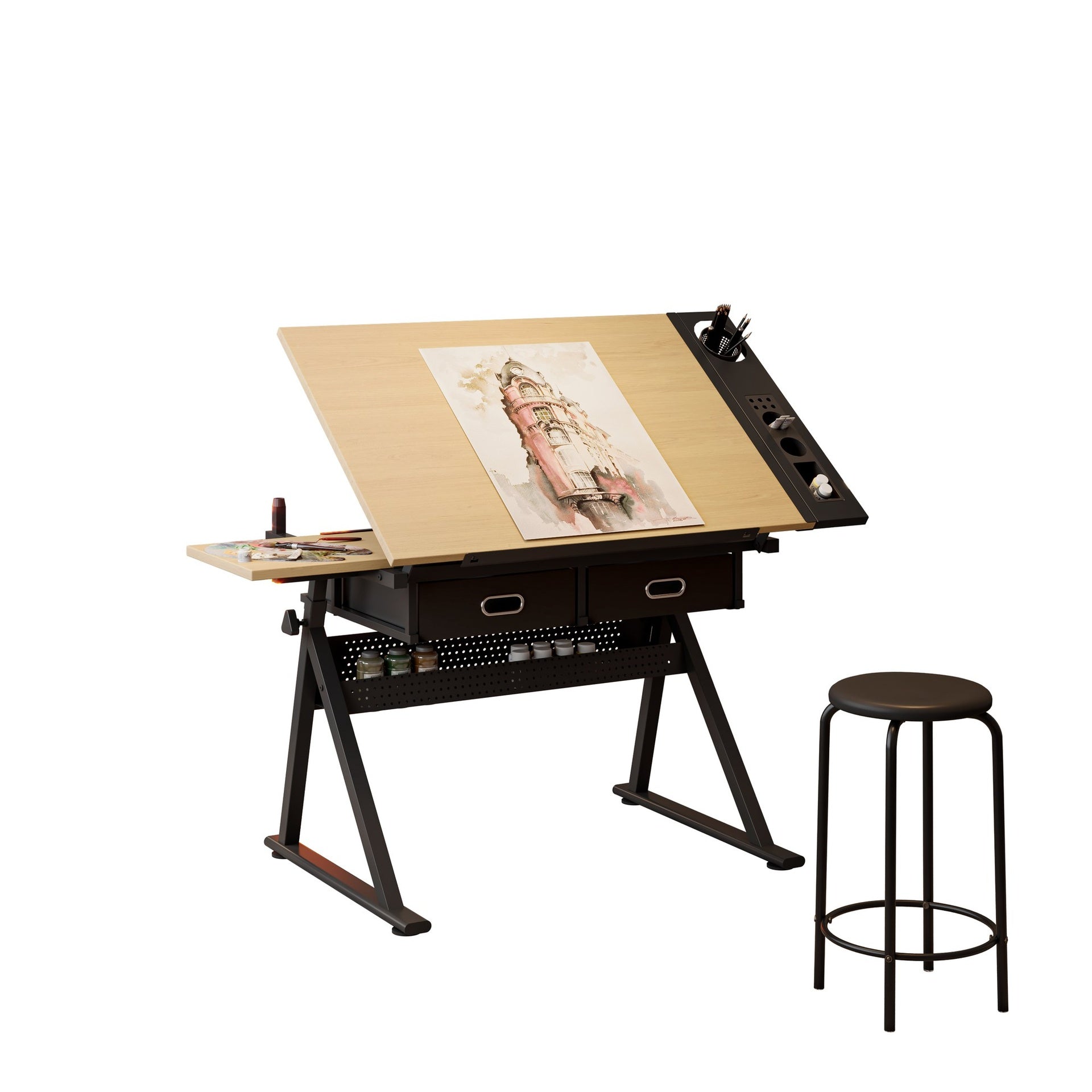 adjustable drawing drafting table desk with 2 drawers for home office and school with stool(maple)