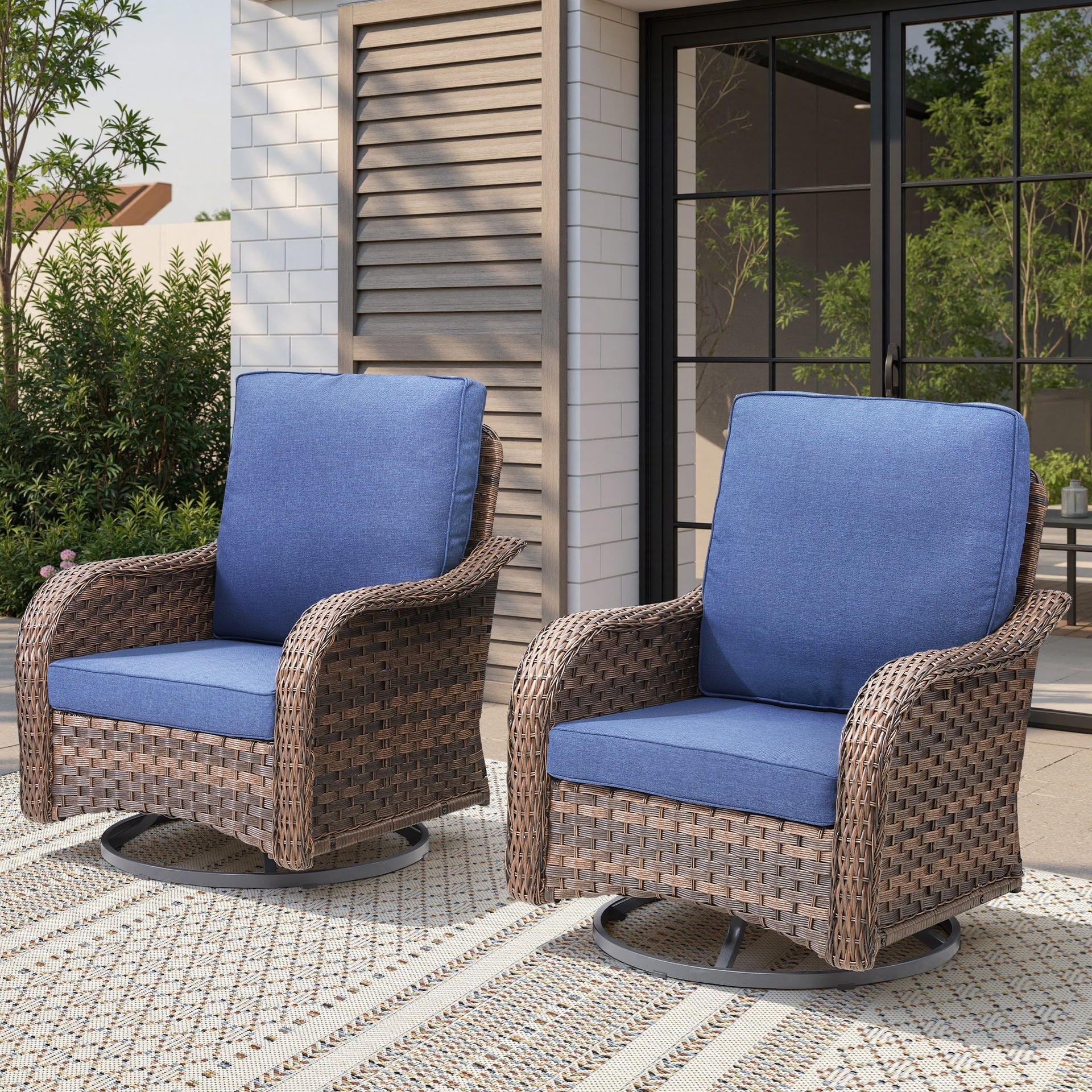 Patio Wicker Rocking Swivel Glider Rocker Cushioned Chairs Set of 2 for Porch Balcony Backyard, Blue