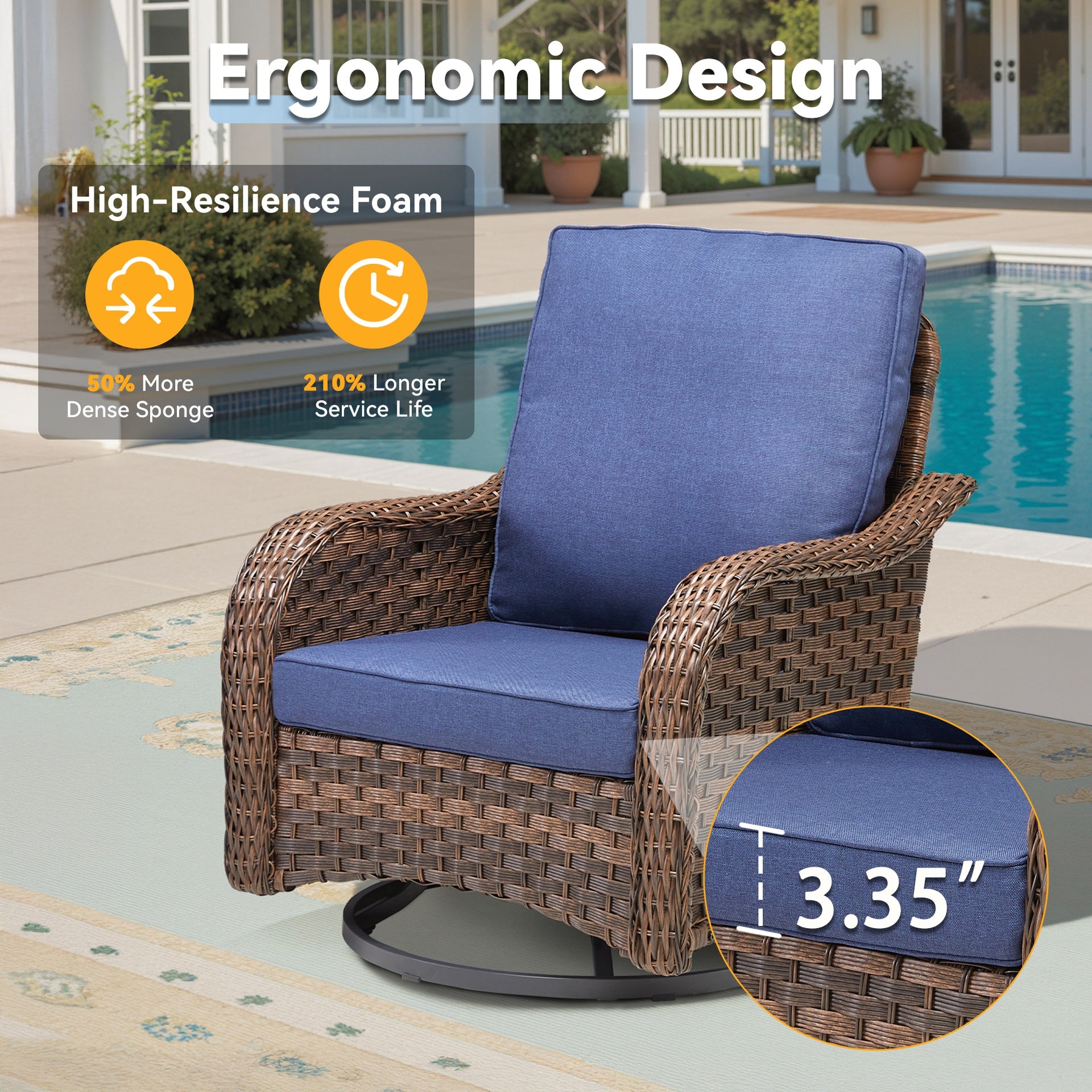 Patio Wicker Rocking Swivel Glider Rocker Cushioned Chairs Set of 2 for Porch Balcony Backyard, Blue