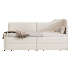 Twin Size L-Shaped Corduroy Daybed,Upholstered Bed Frame with  2 Storage Drawers, Beige
